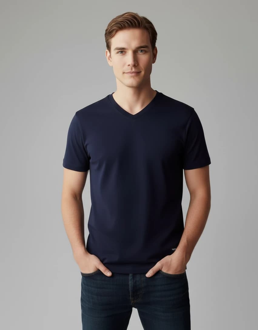 Male AI model wearing a jeans shirt