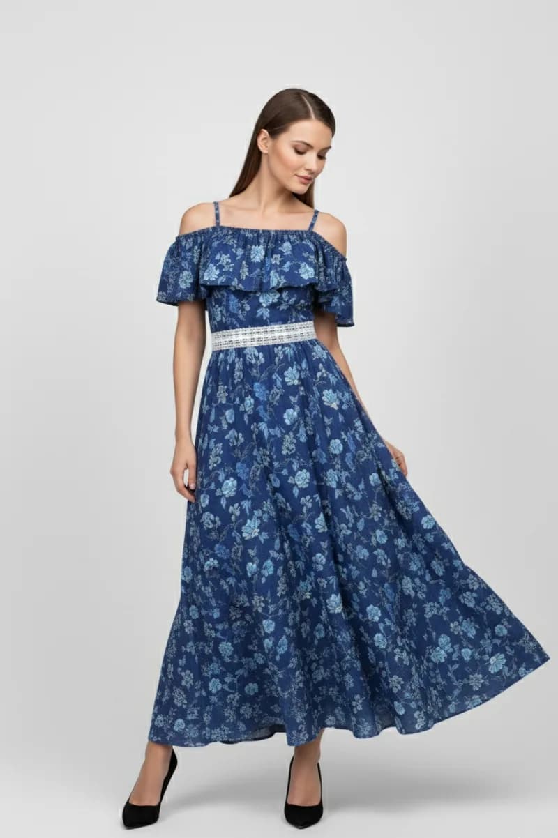 AI model posing with a floral maxi dress
