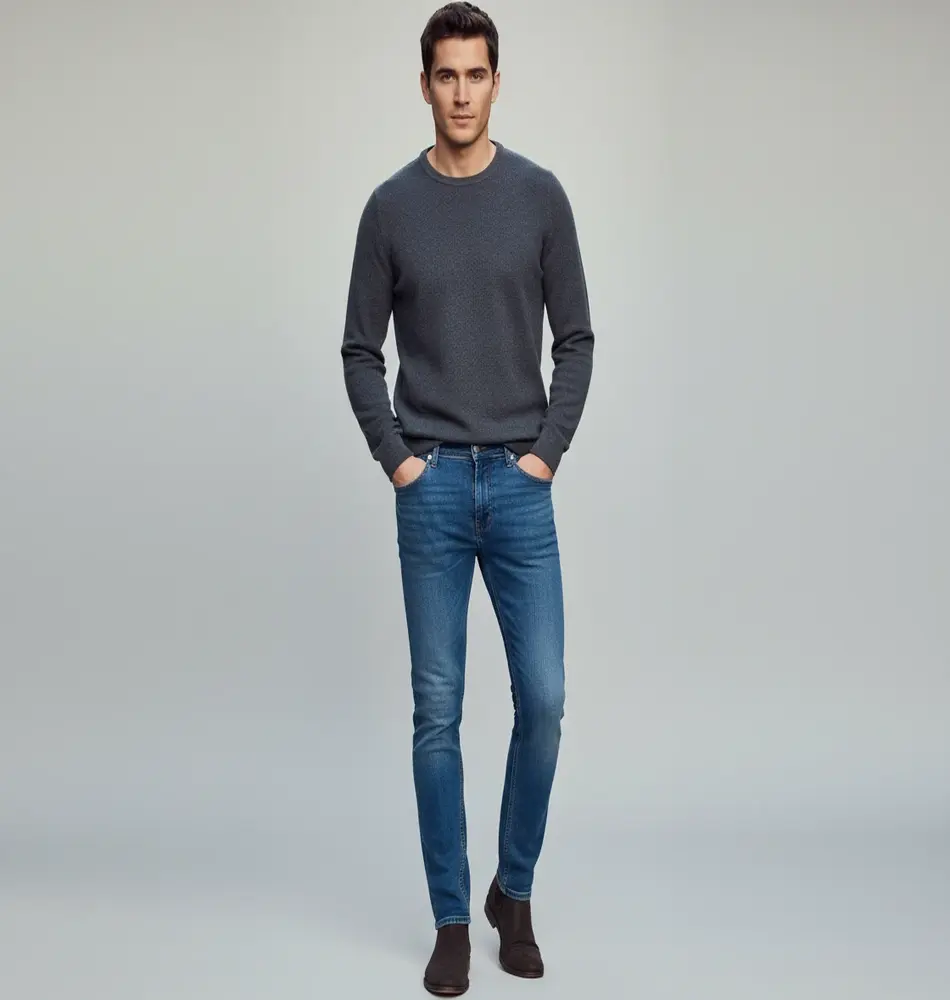 Male AI model in a casual outfit posing in a studio