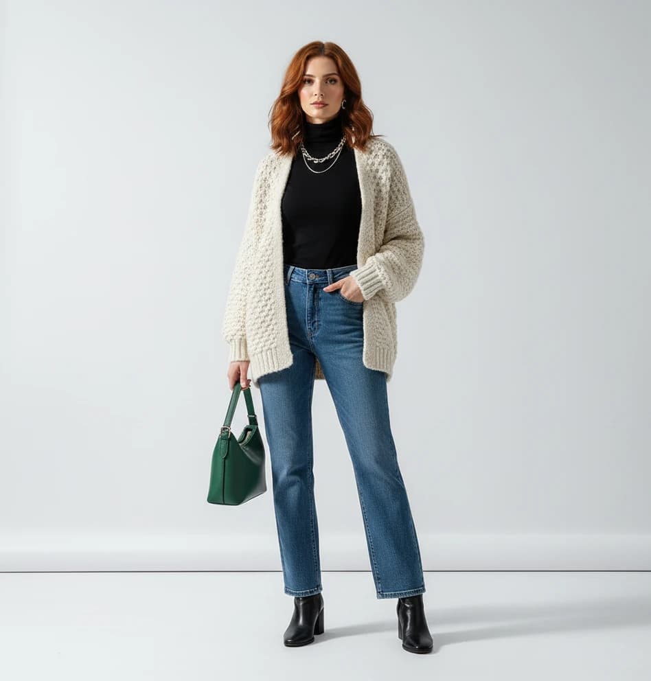 Female AI model in a stylish dress posing outdoors