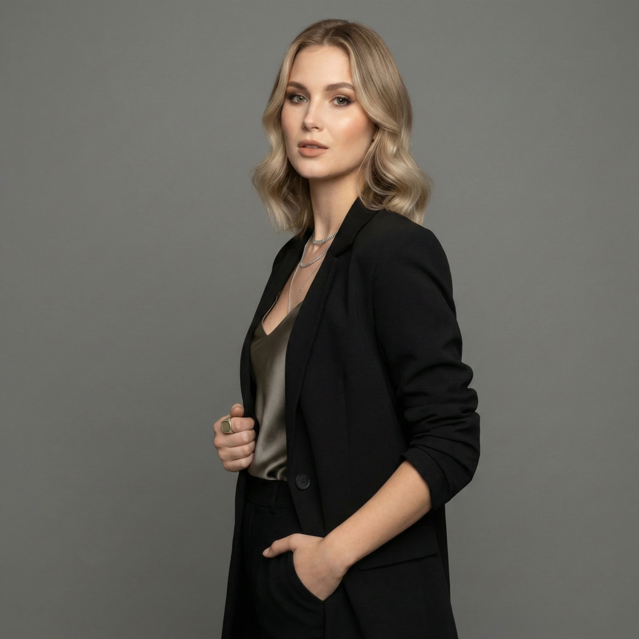Female model posing in a blazer