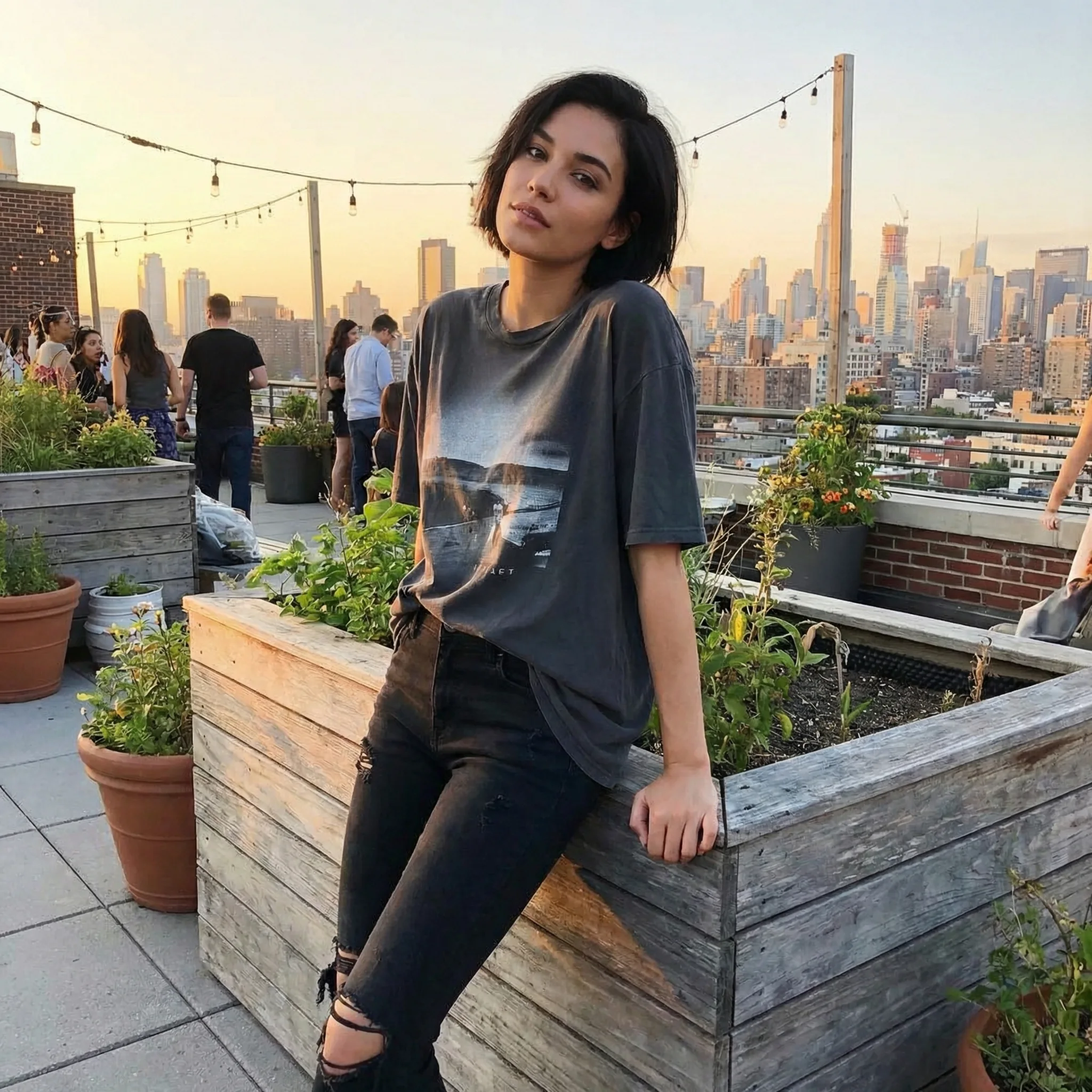 Female model posing on a rooftop promoting a t-shirt