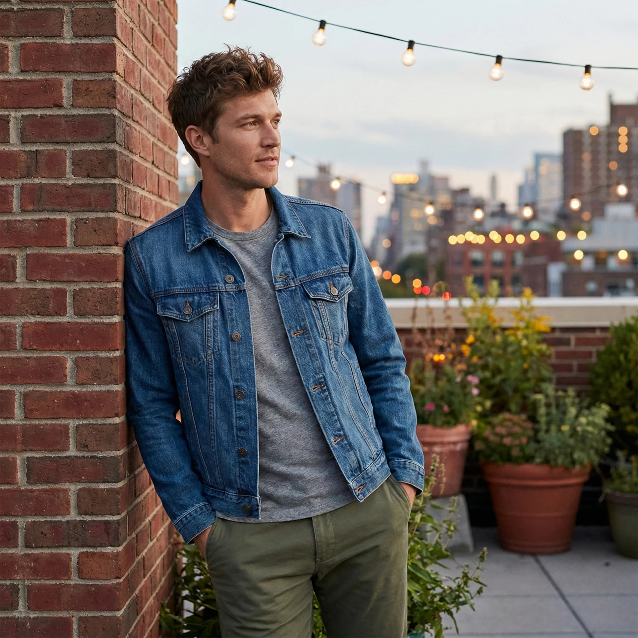 Male model posing on a rooftop wearing a blue jacket