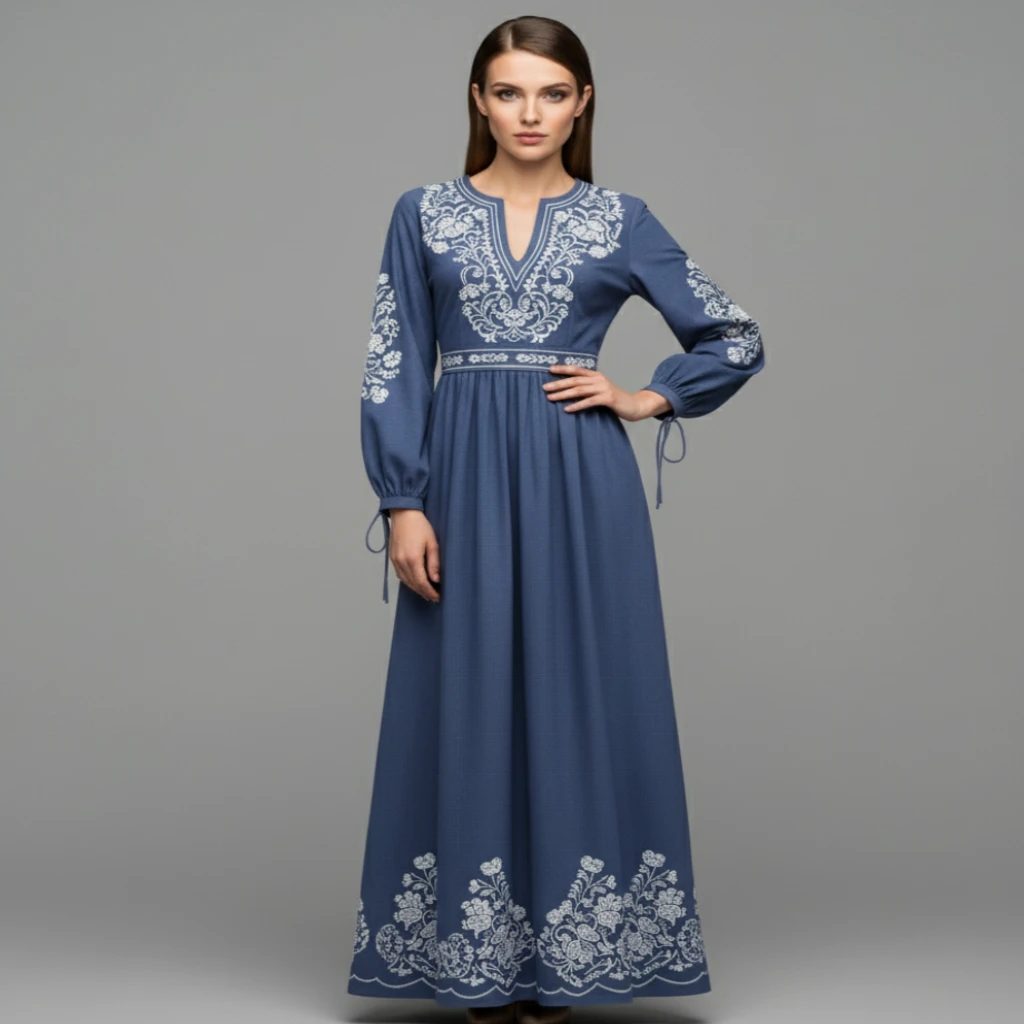 An AI-generated female model wearing the Vyshyvanka dress in a photography session