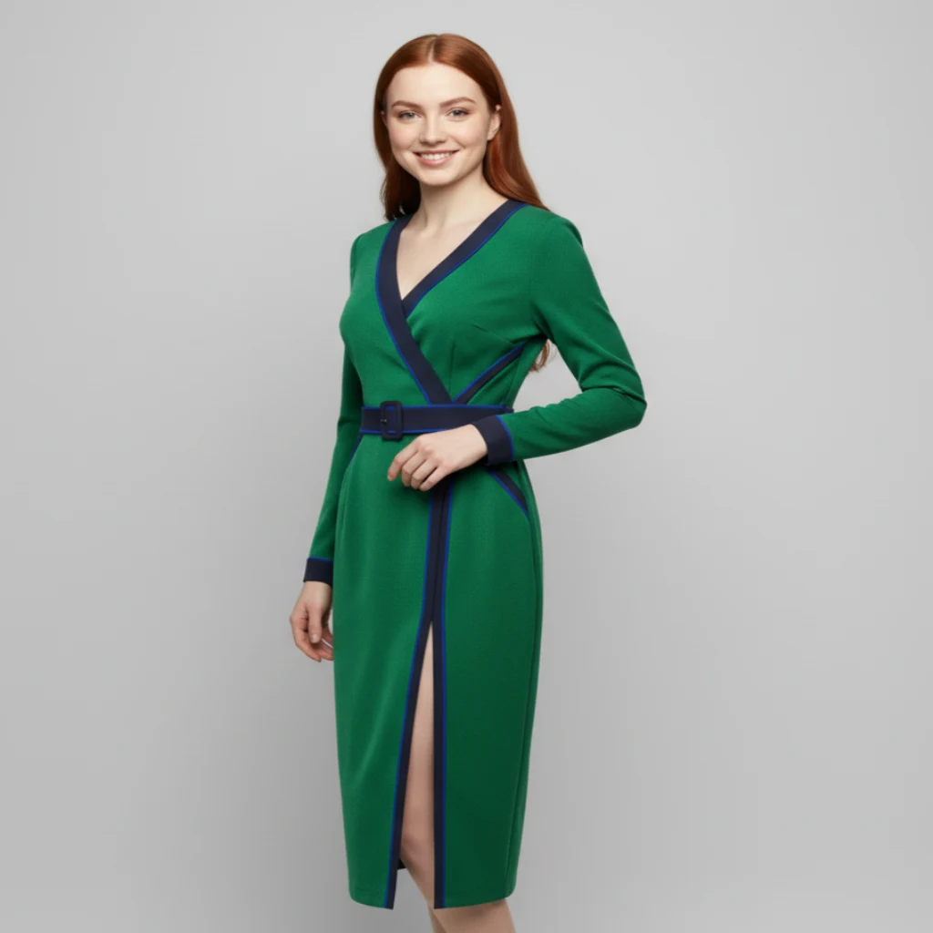 An AI-generated female model wearing the wrap dress in a professional photoshoot setting