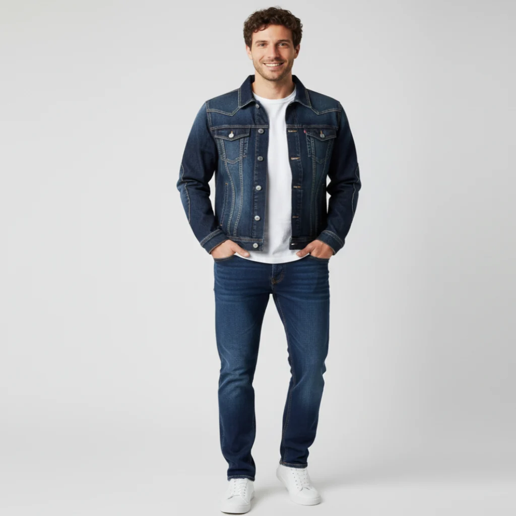 An AI-generated male model wearing the denim jacket in a studio photoshoot