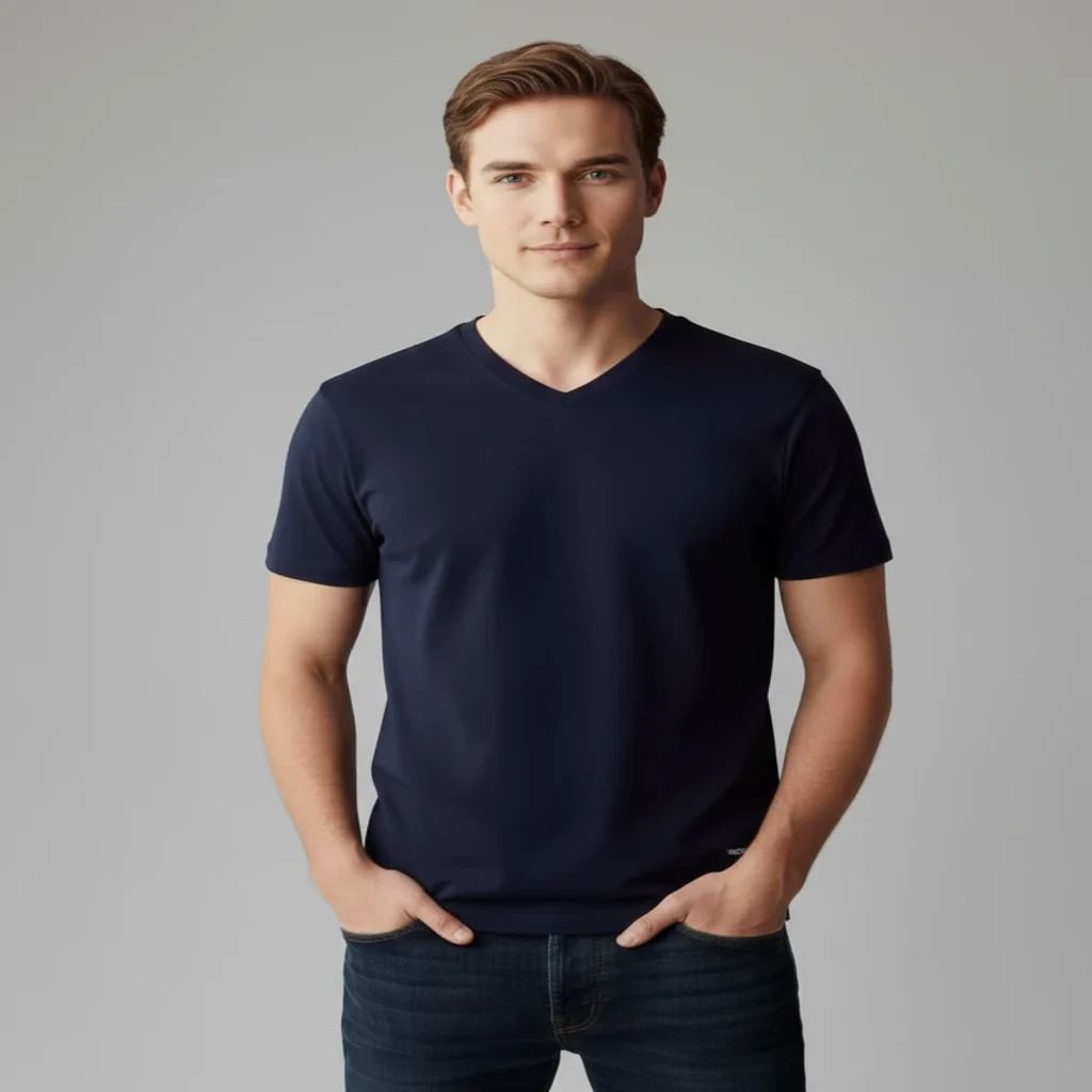 An AI model named Henry posing in the black t-shirt in a studio